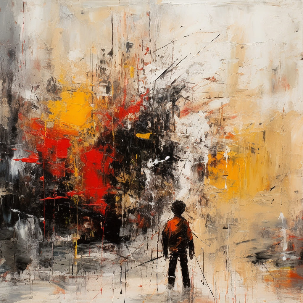 A boy in front of graffiti art in the style of Oscar Murillo.