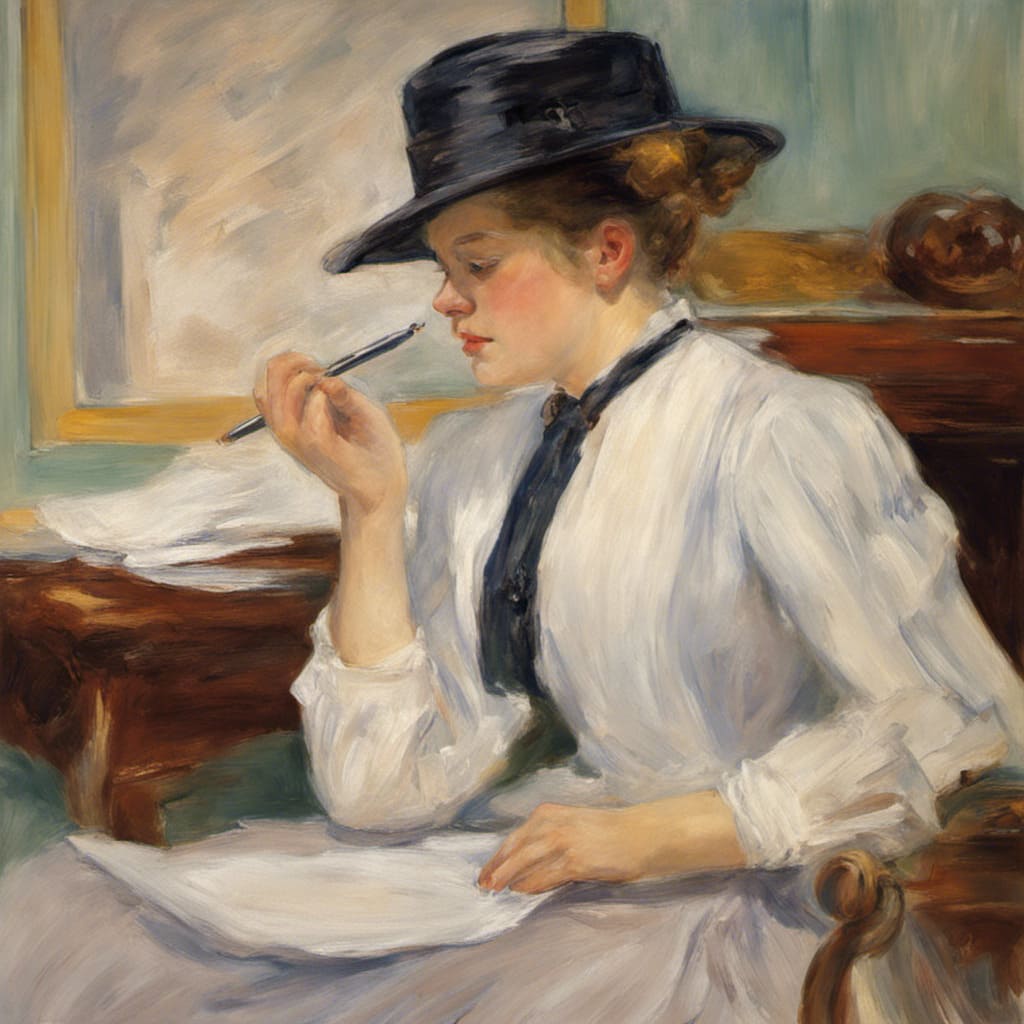 a painting of a woman in a top hat thinking and writing in impressionist style