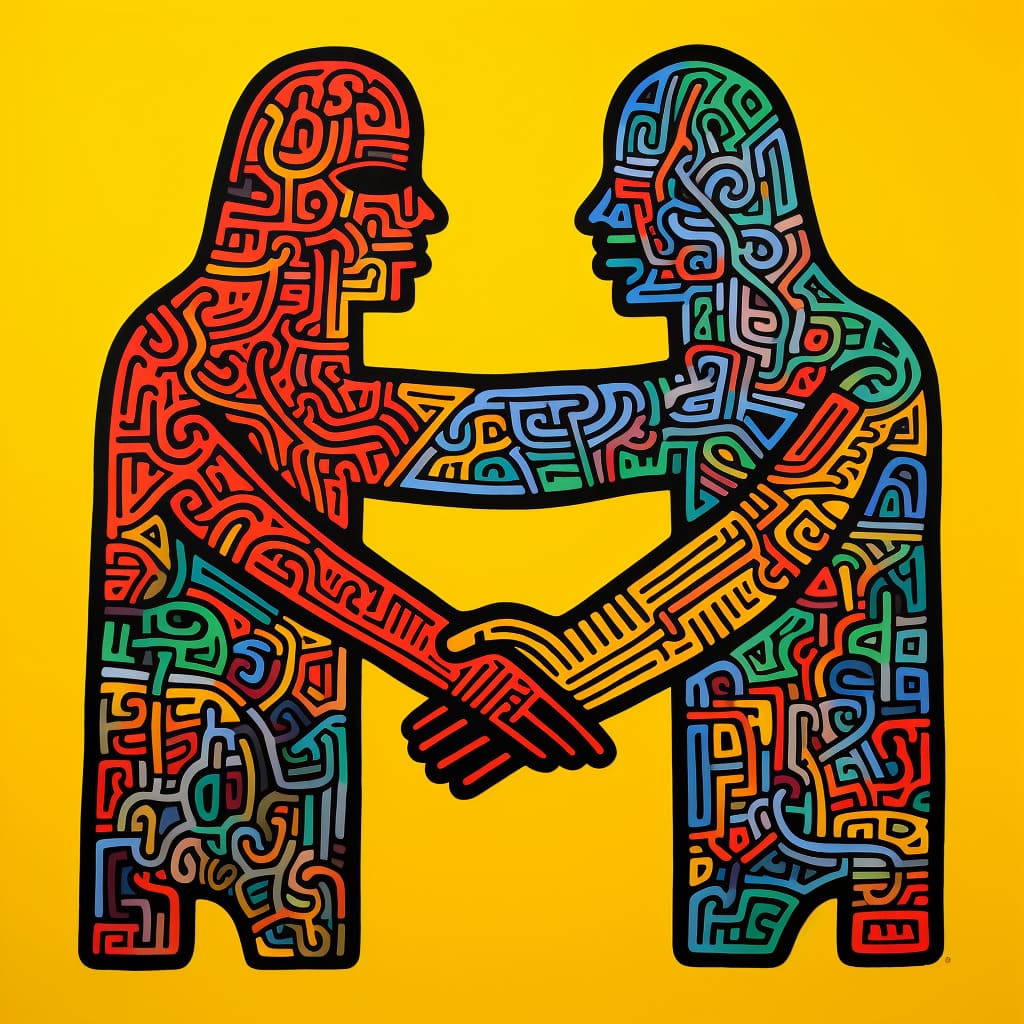 A bold illustration of two strangers shaking hands