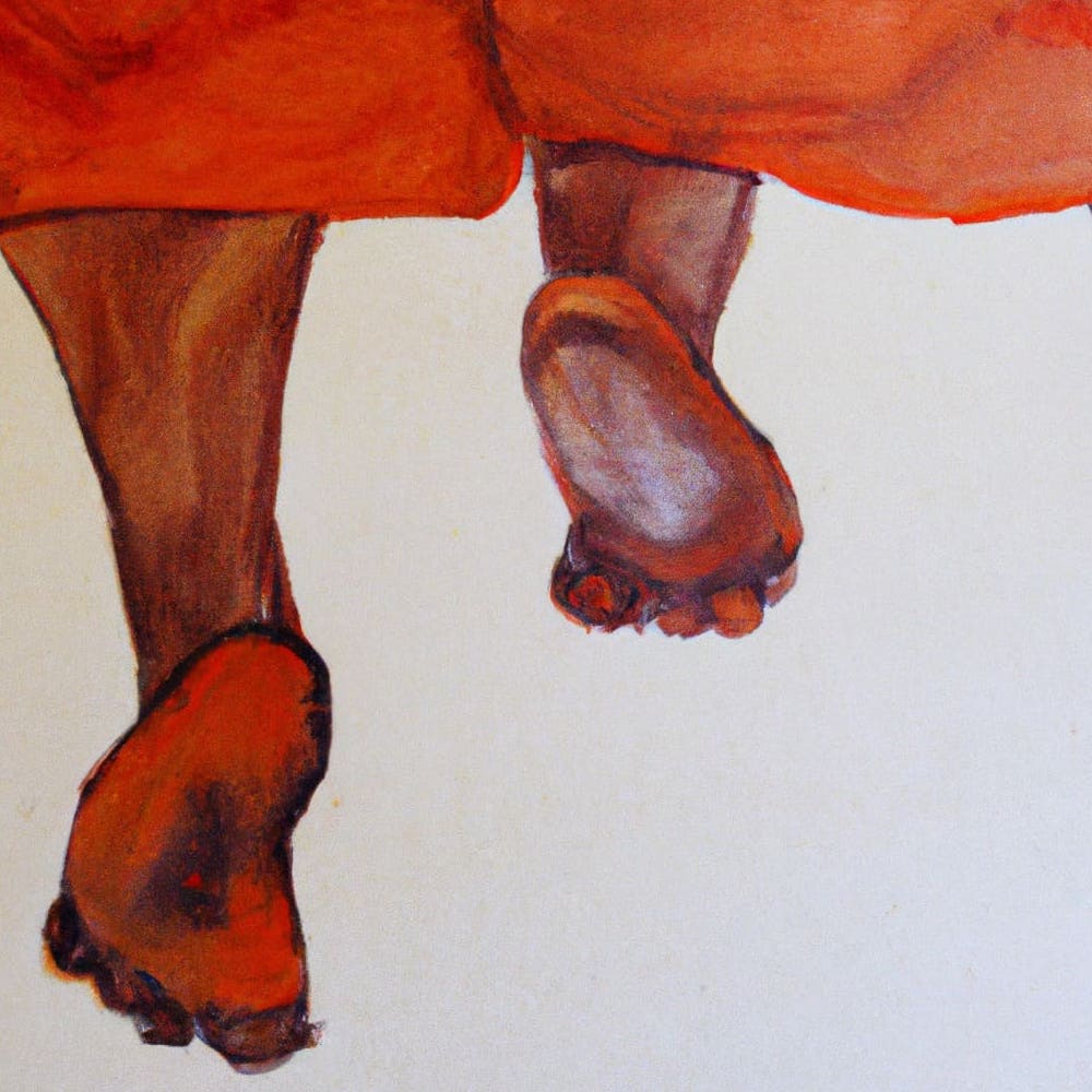a painting of a young african american girls feet in the style of Egon Schiele