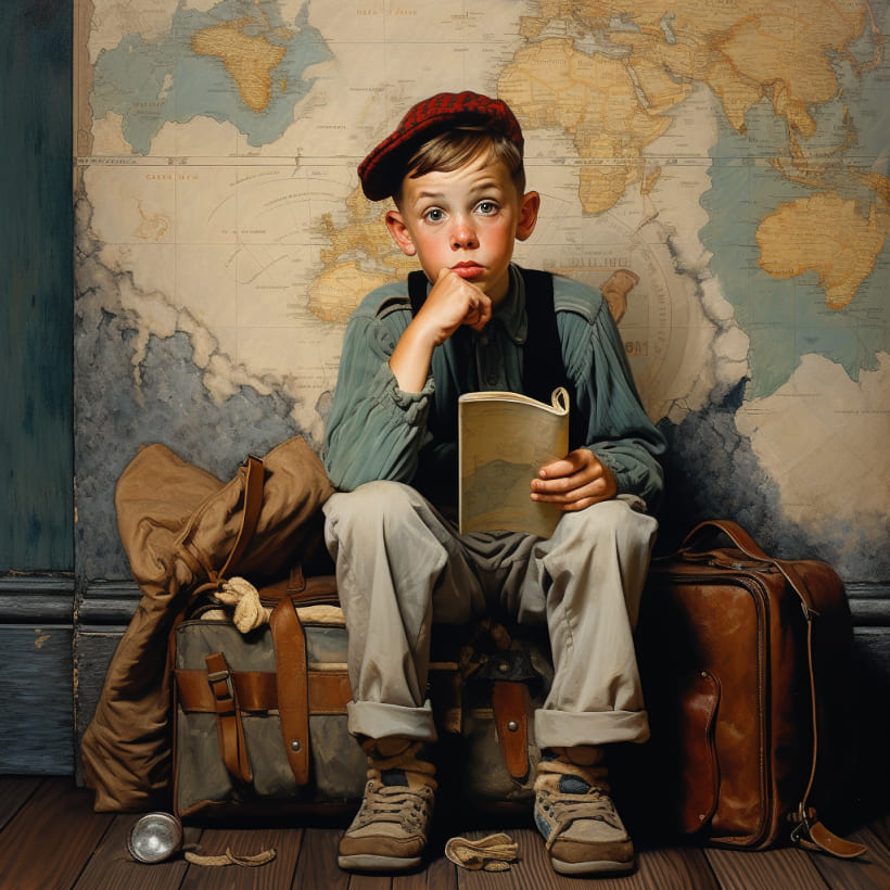 A Norman Rockwell style painting of a young boy learning and reading