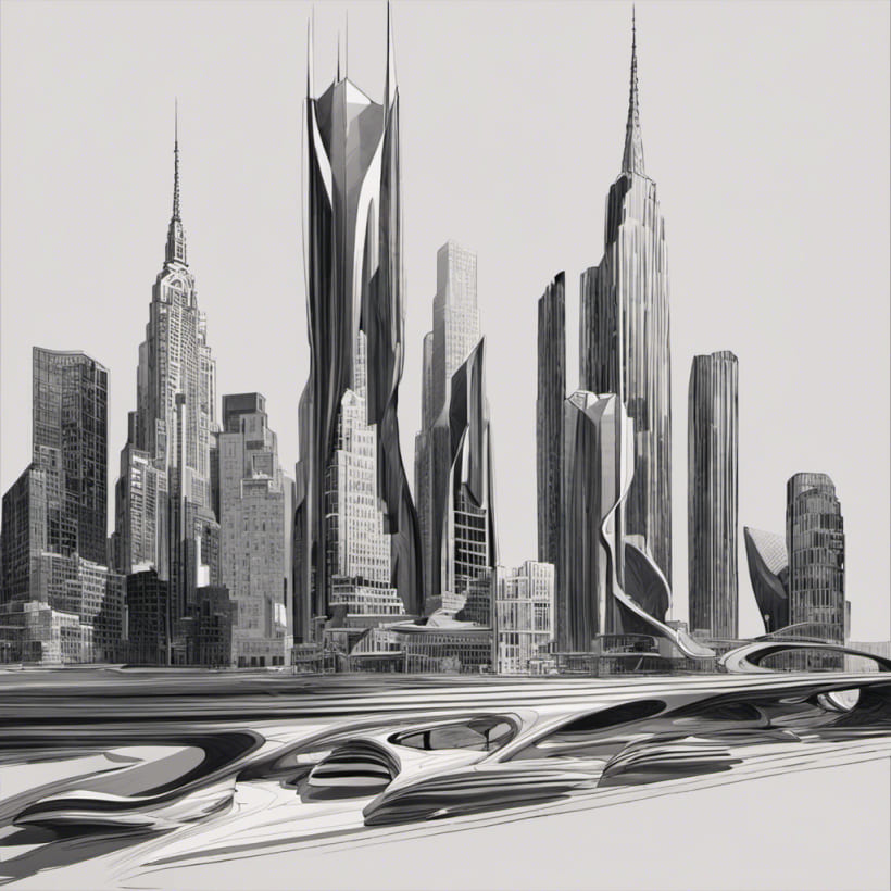 a black and white architectural illustration of New York City