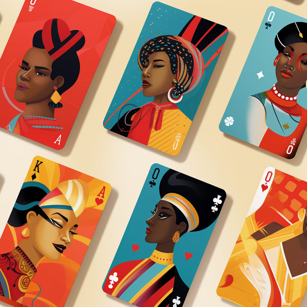 Fun colorful decks of card in the style of Emma Amos