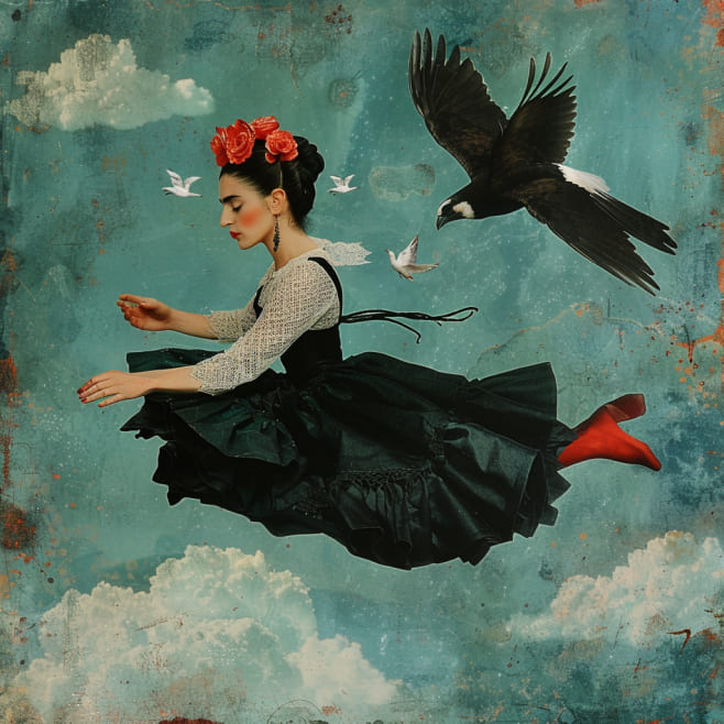 An image in the style of Frida Kahlo of a woman taking a leap and flying
